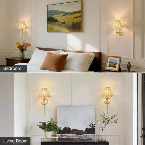 Wireless Boho Rattan Wall Sconce Set of Two in bedroom and living room, showcasing sleek brass finish and warm glow.