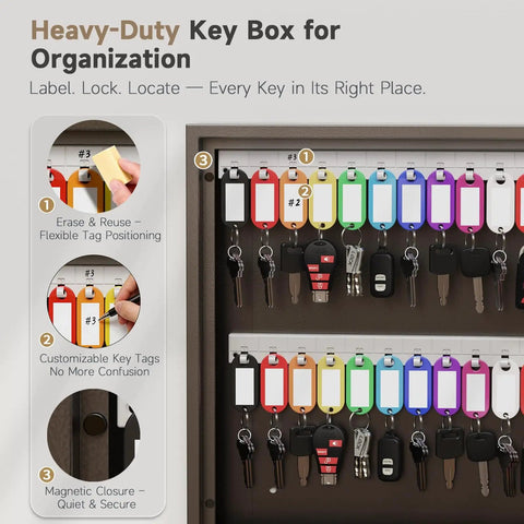 60 Key Lock Box With Anti Pry Recessed Door, steel interior showing color-coded key tags and magnetic closure features