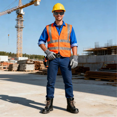 Construction worker in safety gear and Top Shelf Welding Goggles 4 Pack With Splash Resistant Lens And Impact Rated Frame.