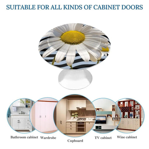 Fresh Daisy Flower Stainless Steel Drawer Knobs Set of 2 1.1 Inch Round Cabinet Handles with Rust Proof Finish on display.