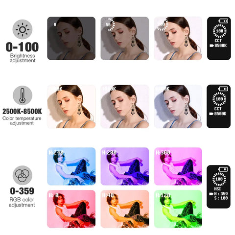 G1s RGB Video Light With App Control color and brightness adjustment examples on model, demonstrating LED effects.