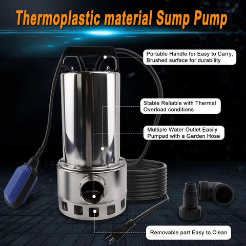 Heavy Duty Submersible Sump Pump With Stainless Steel Build 4000 GPH High Flow 7.2M Hose And 5M UL Wire.