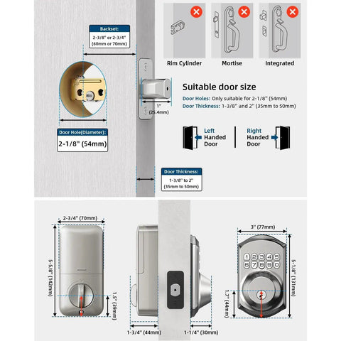 Heavy Duty Keyless Entry Deadbolt With Keypad For Front Door Lock Featuring Hidden Passcode And 20 User Pins In Sleek Satin Nickel Finish dimensions and installation guide.