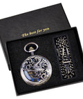 Dope Vintage Mechanical Steampunk Skeleton Pocket Watch With Carved Pattern Roman Numerals Hand Winding Movement Classic Hollow Case Chain And Box Included