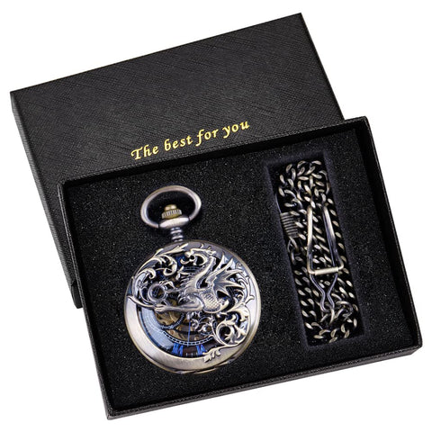Dope Vintage Mechanical Steampunk Skeleton Pocket Watch With Carved Pattern Roman Numerals Hand Winding Movement Classic Hollow Case Chain And Box Included