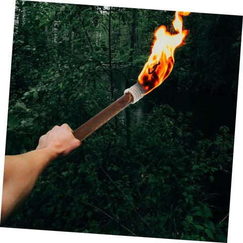 Outdoor Solar Tiki Torch Light For Garden Fence Decoration With Woven Wood Look Weatherproof And Easy Install Eco Friendly Yard Pathway Lantern Hanging Decor For Patio Trees Wedding And Landscape Lighting being held in a wooded area.