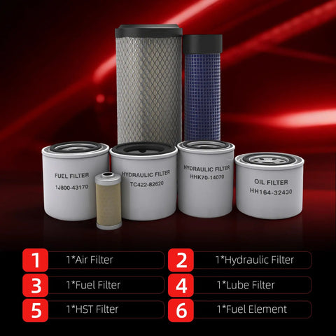 Kubota Tractor Filter Kit For L3301HST And L3901HST D1803 Engine Air Filter Lube Filter And Fuel Filter Replacement Set displayed