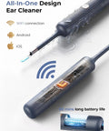 Ear Wax Removal Kit With Flexible Ear Camera Otoscope Visual Ear Cleaner showing WiFi connection and waterproof design.