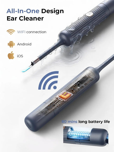 Ear Wax Removal Kit With Flexible Ear Camera Otoscope Visual Ear Cleaner showing WiFi connection and waterproof design.