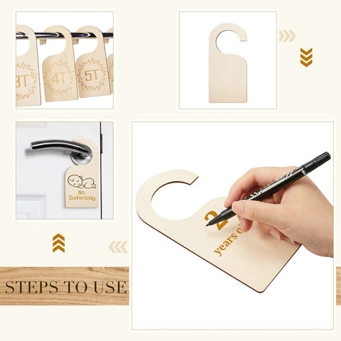 Hand writing on a Wooden Closet Divider Set With Marker Pen, 24 Blank Size Dividers For Home And Nursery Clothes.