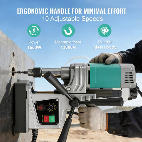 Portable Magnetic Drill Press With 2923 Lbs Electromagnetic Base, Variable Speed Motor For Steel And Metal Fabrication Jobs, 1-9/16 Inch Boring Diameter Core Drill Machine For Heavy Duty Industrial Use, showing ergonomic handle and speed controls.