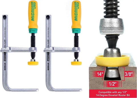 Two Matchfit Dovetail Clamp Bundle 4 Pack Exclusive DVC-538MB-50 with close-up of dovetail router bit and track size compatibility.