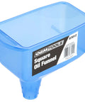 Square Oil Funnel For 1-Quart Bottles, No Mess Quick Pour, Durable Blue plastic, with locking filler hole visible on side view.