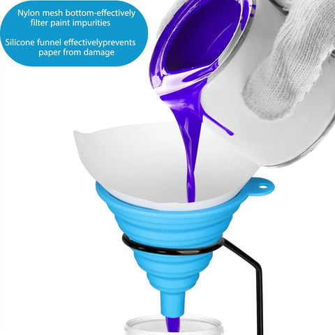 100 Pack Cone Paint Strainers With 190 Micron Filter Tips And Silicone Funnel Pouring Purple Paint Into Container