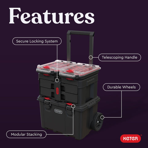 Four Piece Rolling Tool Storage System With Large Rolling Toolbox And Two Drawer Toolbox And Two Tray Organizers Interlocking