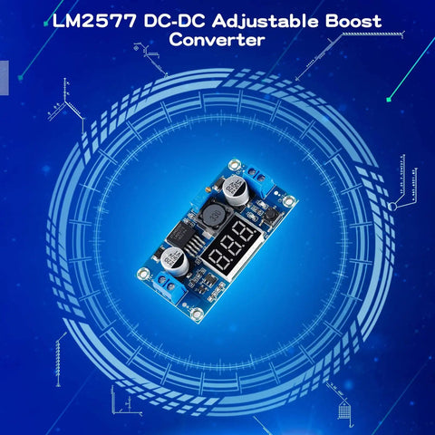 LM2577 DC-DC Boost Module With Digital Display Voltmeter, Adjustable Output 4-35V, 2.5A Boost Converter on blue tech background