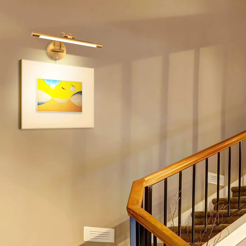 Dimmable Brass Vanity Light Over Mirror 16 Inch Plug In Rotatable Wall Sconce 8W Modern Farmhouse Bath Light on staircase wall.