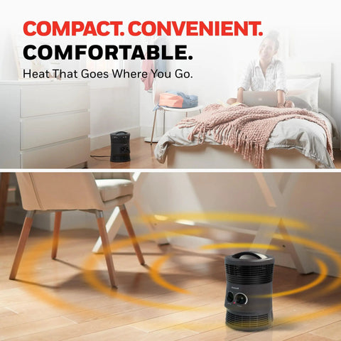 360 Degree All Around Heat Portable Space Heater in a small room, emitting warmth, Charcoal Grey, for small to medium rooms.