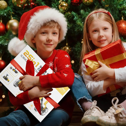 25 In 1 Solar Science Robot Kit For Kids Ages 8 And Up, A Totally Fun Hands On STEM Building Toy That Lets Them Build 25 Different Solar Robots, Learn Basic Coding, Physics And Engineering, A Cool Educational Gift For Curious Makers. Children holding boxed solar robot kit by Christmas tree