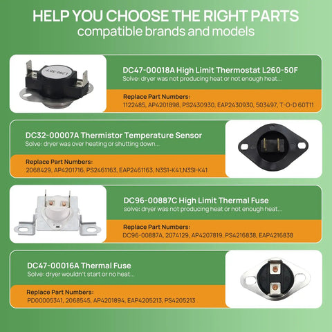 Image of compatible brand and model parts for Back Up And Running Dryer Heating Element Replacement Kit 5300W 240V.