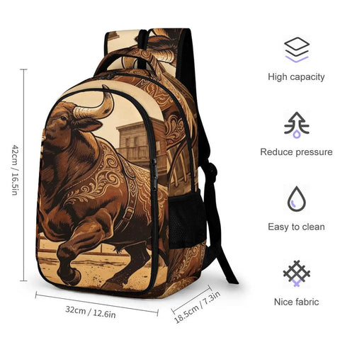 Old Town Ox Printed Unisex Backpack, large capacity, durable polyester, side view, breathable design, sturdy zipper, easy to clean.