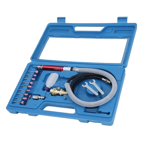 Straight Shot Precision Pneumatic Pencil Die Grinder Kit with components in blue case, perfect for mechanics and fabricators.