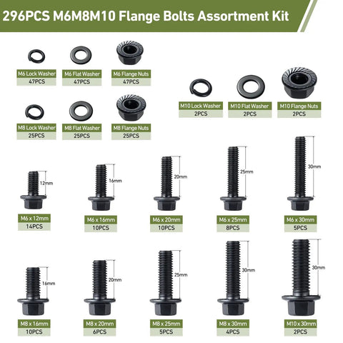 Metric Flange Bolt Kit 296Pcs M6x1.0 M8x1.25 M10x1.5 Hex Bolts Nuts Washers Serrated Flange Nuts Lock Washers Flat Washers Set