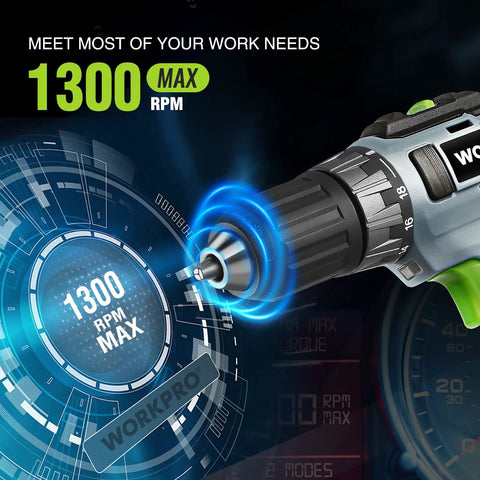 Image showing the 20V Cordless Power Drill Driver Kit With Three Eighths Inch Keyless Chuck highlighting 1300 max RPM feature.