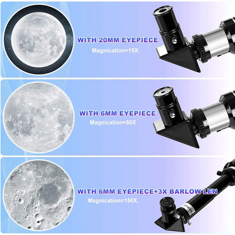 Close-up view of moon phases using 70mm Aperture Portable Refractor Telescope for Adults and Beginners 300mm Travel Scope with Phone Adapter AZ Mount Moon Filter Remote Compatible for Easy Stargazing and Fun Astronomy Lessons.