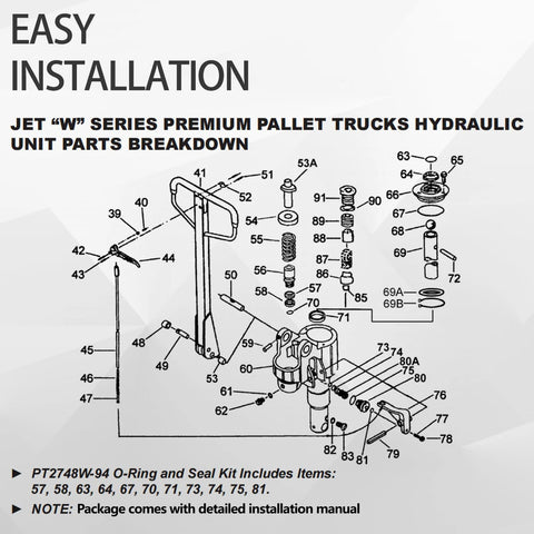 Illustration of Jet W pallet truck hydraulic unit parts showing O-Ring placements for Pro Grade O Ring Seal Kit For Jet W Pallet Jack Hydraulic Unit Replaces PT2748W PT2748LW PT2748L And Variants Fixes Leaks Boosts Load Lifting Smoothness Quiets Groans Easy Install.