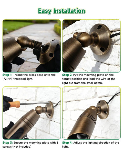 Sturdy Brass Landscape Lighting Mounting Base For Outdoor Low Voltage Lighting Surface Mount Plate Antique Bronze Finish Durable Weatherproof Outdoor Light Mounting Bracket Set Of Two installation steps