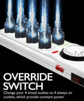 Eight-Outlet Power Strip With Timer And Surge Protector with override switch, showing 4 timed and 4 always-on outlets