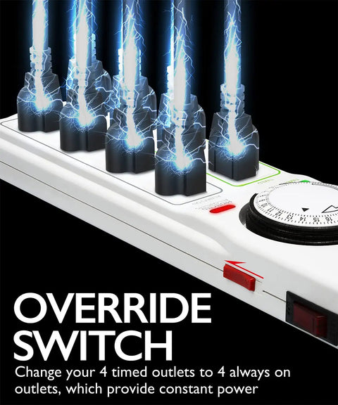 Eight-Outlet Power Strip With Timer And Surge Protector with override switch, showing 4 timed and 4 always-on outlets