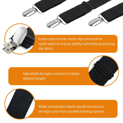 8 Pack Bed Sheet Straps With Adjustable Elastic Fitted Sheet Holders For Corners, Chrome Clips And Elastic Bungee Grips