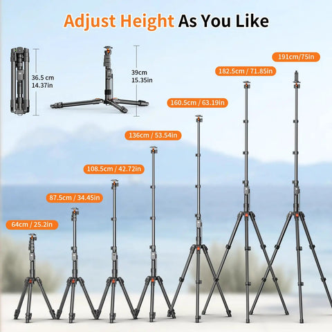 75 Inch Extendable Camera Tripod With Remote Shutter And 360 Degree Ball Head showing adjustable height options.