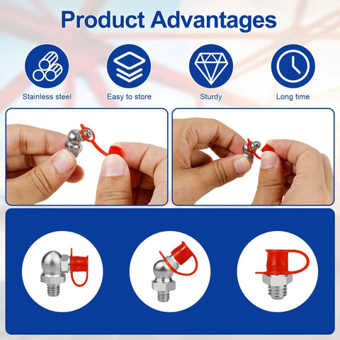 Product advantages of Grease Nipple Fittings Kit with stainless steel fittings and red locking caps shown in use.