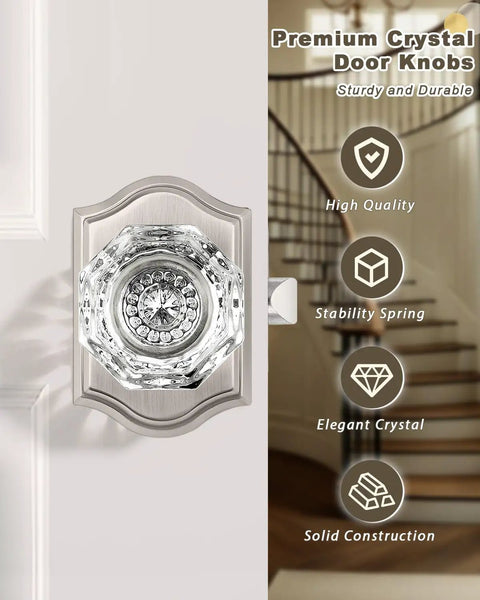 Clear Octagon Crystal Glass Door Knob Kit With Keyless Passage Handle For Hallway, Closet, Pantry, Satin Nickel Arched Rosette