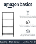 Four-Shelf Steel Wire Garage Storage Shelves Heavy Duty With Adjustable Metal Unit, Each Shelf Holds Up To 200 Lbs, 800 Lbs Total Capacity, 23.2 In Wide By 48 In High By 13.4 In Deep, Black, Ideal For Tools, Gear And Supplies In Workshop Or Garage. Adjustable 4-shelf wire rack