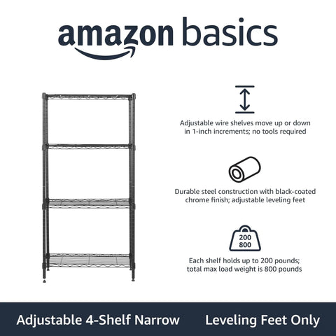 Four-Shelf Steel Wire Garage Storage Shelves Heavy Duty With Adjustable Metal Unit, Each Shelf Holds Up To 200 Lbs, 800 Lbs Total Capacity, 23.2 In Wide By 48 In High By 13.4 In Deep, Black, Ideal For Tools, Gear And Supplies In Workshop Or Garage. Adjustable 4-shelf wire rack
