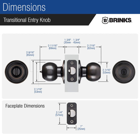 Dimensions of Transitional Keyed Entry Door Knob In Tuscan Bronze Exterior Lock Set Easy Install For Standard Doors