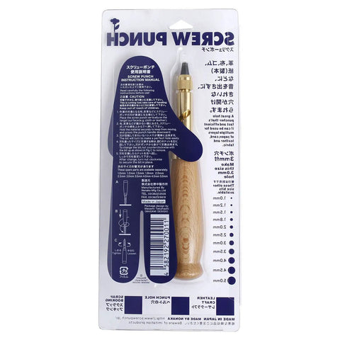 Zero Drama Hand Screw Punch Tool Body With Replacement Blade For Leather And Fabric Crafting on packaging with instructions.