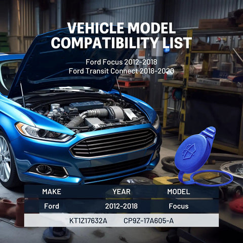 Two Pack Pro Grade Washer Fluid Cap for Ford Focus and Transit Connect, blue cap next to Ford Focus 2012-2018.