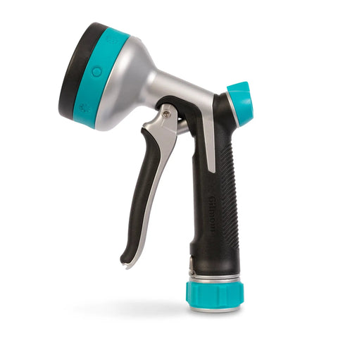 Side view of Heavy Duty Front Control Garden Hose Nozzle With 8 Preset Spray Patterns and Ergonomic Non Slip Handle.