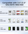 Image showing compatible 3.5 and 2.5 inch SAS/SATA HDD and SSD drives for Rock Solid 8 Bay External Hard Drive Raid Enclosure.