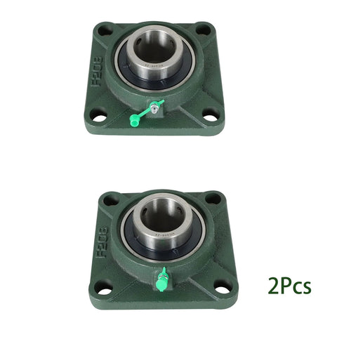 Two green square-flange pillow block bearings with 1-1/2 in bore and four-bolt mount.