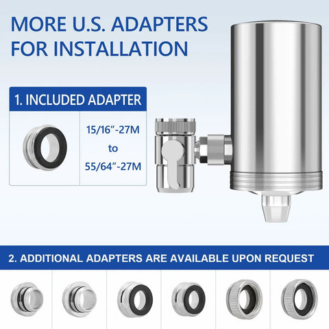 1200 Gallon Faucet Water Filter System With 2.2 GPM Outlet Flow, shown with multiple installation adapters