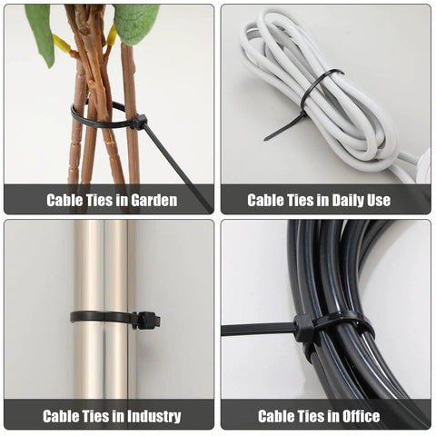 500 Pack 16 Inch Nylon Cable Ties Self Locking Black Heavy Duty Zip Ties For Indoors And Outdoors Use With 60 Pound Tensile Strength UV Resistant securing cables in various settings.