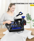 All In One 12 By 15 Inch Heat Press for DIY T Shirts Mugs Caps 360 Degree Swing Away with Dual Tube Heating Digital Control 8 In 1 Sublimation Press Blue in use on a white shirt.