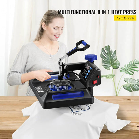 All In One 12 By 15 Inch Heat Press for DIY T Shirts Mugs Caps 360 Degree Swing Away with Dual Tube Heating Digital Control 8 In 1 Sublimation Press Blue in use on a white shirt.