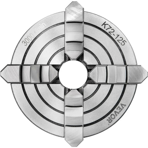 Top view of 4 Jaw Lathe Chuck 125mm Independent Reversible Jaw For Metal Turning, with four jaws extended, cast iron body.